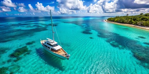 Obraz premium Aerial Perspective of a Sailboat Anchored in Turquoise Waters, Sailboat, Tropical, Island, Blue Water