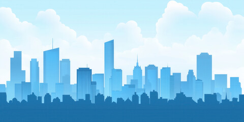Naklejka premium Urban Skyline Silhouette: Modern City Panorama with Skyscrapers and Clouds - Blue Monochrome Vector Illustration for Cityscape Background Design