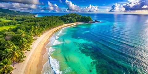 Fototapeta premium Aerial View of a Secluded Beach with Turquoise Water and Lush Green Foliage, tropical beach, paradise beach, dream vacation