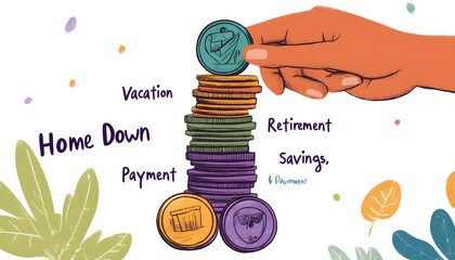 Hand placing a coin on a stack of coins representing financial goals