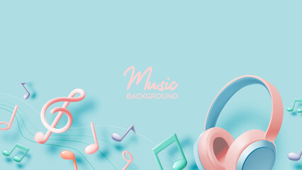Music notes and headphones with melody or tune 3d realistic
