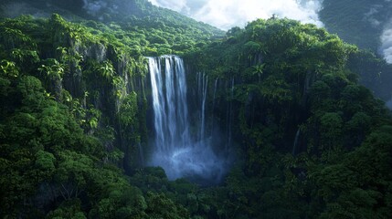 Fototapeta premium A cascading waterfall plunges down a lush green cliffside, surrounded by vibrant foliage. The scene evokes a sense of tranquility and natural beauty.