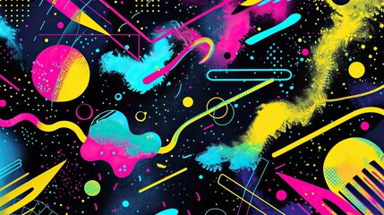 an 80s inspired poster background, featuring abstract illustrations and shapes, quirky neon artwork