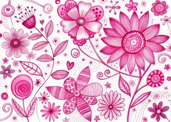 Fototapeta premium Vibrant pink sketch of abstract flowers and whimsical doodles on a white background, creating a playful and creative
