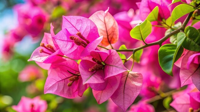 Vibrant pink petals of the delicate flor de bugambilia flower unfurl against a soft focus background, showcasing its