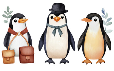 A charming illustration of three playful penguins dressed in various outfits, perfect for children's projects and whimsical designs.
