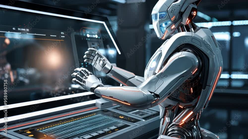Poster A robot is sitting in front of a computer monitor, typing on a keyboard
