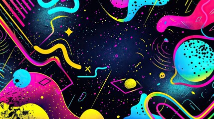 an 80s inspired poster background, featuring abstract illustrations and shapes, quirky neon artwork