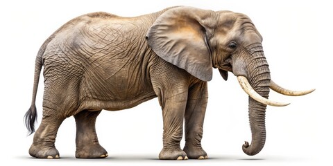 Obraz premium African Elephant in Profile, Grey and White Tones, Standing with Trunk Curved, Wildlife, Safari, Animal ,elephant