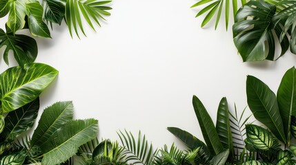 Lush tropical leaves arranged in a frame around a white background.