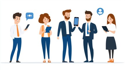 Modern Workplace: Employees Utilizing Smartphones for Dynamic Data Presentation in Office Setting