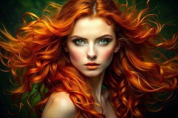 Naklejka premium Vibrant redhead woman with piercing green eyes and porcelain skin radiates confidence, her fiery locks cascading down
