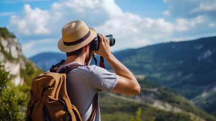 Young man in a hat takes photos of the mountains.