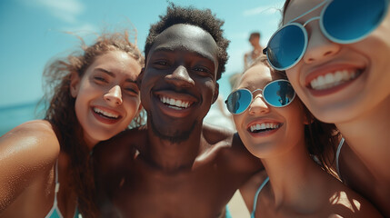 Joyful diverse friends taking a selfie on a sunny beach.