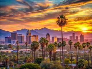Fototapeta premium Vibrant sunset casts a warm glow on the modern Phoenix skyline, featuring sleek skyscrapers, majestic palm trees, and