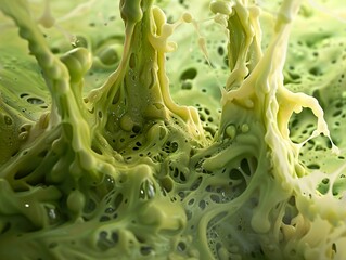 Abstract green and white liquid splash with intricate patterns.