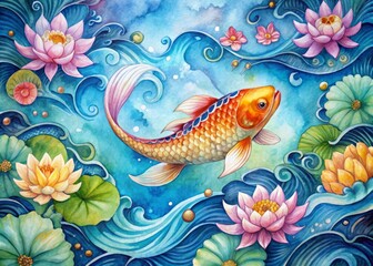 Fototapeta premium Vibrant watercolor illustration of a serene koi fish swimming amidst stylized waves and lotus flowers, surrounded by