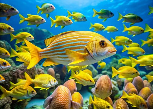 Vibrant yellow baiacu fish swims near coral reef, showcasing its striking pattern of bright blue stripes, amidst