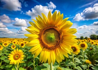Fototapeta premium Vibrant yellow petals of bright sunflowers, also known as flores girasol, bloom in a lush green field against