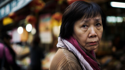 Elderly Asian woman with a contemplative expression in a busy market setting.