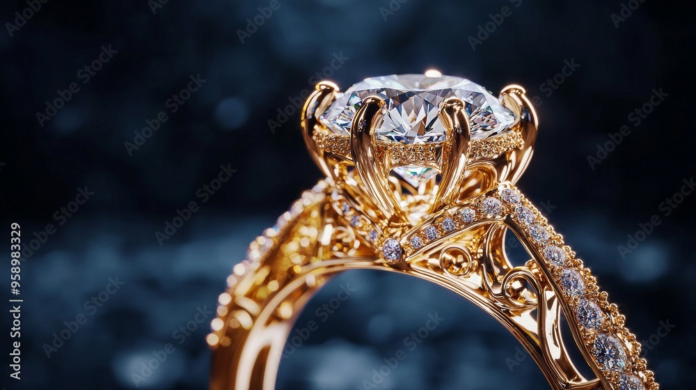 Wall mural a close-up of a sparkling diamond engagement ring set in gold with intricate filigree details.