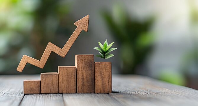 Dynamic Arrow Graph on Wooden Block Signifying Growth Amidst Zero Trends, Buzzle Stock Candlestick Chart on Table