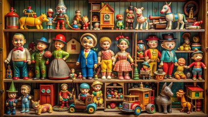 Fototapeta premium Vintage wooden toy display featuring colorful figurines and nostalgic childhood memories