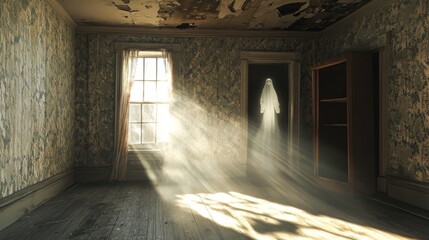 Fototapeta premium Eerie Ghostly Apparition Haunts Abandoned House: AR Experience