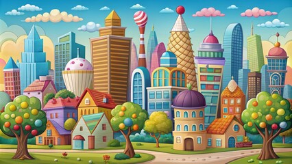 Whimsical illustration of a colorful, wacky cityscape with cartoonish buildings, silly trees, and a giant ice cream