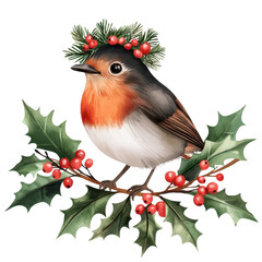 Charming festive bird adorned with holly and berries, perfect for holiday themes and seasonal designs.