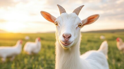 Obraz premium A white goat with horns is standing in a field with other animals