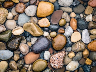 A close-up of smooth, colorful stones, showcasing a variety of textures and patterns.