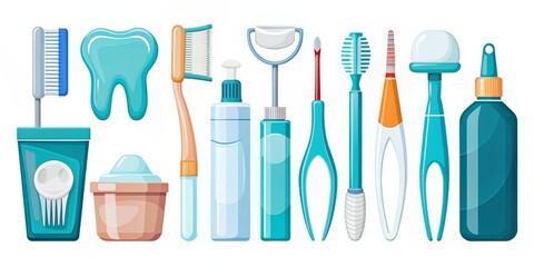 Fototapeta premium Cartoon Toothbrush, Toothpaste, and Dental Floss Set, Cartoon, Illustration, Dental care, Hygiene