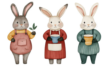 Obraz premium Charming illustration of three cute rabbits dressed in aprons, holding pots and plants, perfect for spring-themed designs.