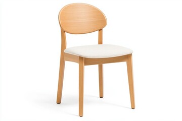 Fototapeta premium Stylish wooden chair with a curved backrest and soft cushion, perfect for modern dining rooms and minimalist interiors.