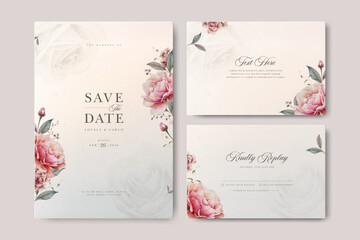 creamy wedding invitation card template with peonies flower watercolor