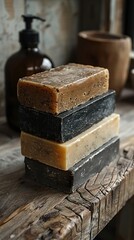 Stack of four handmade soaps in different colors and scents on a rustic wooden table.