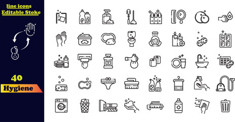 Hygiene Stroke Icon Collection. Featuring icons for cleaning, disinfection, soap, bathing, sweeping, showering, hand washing, and sanitation. These outline icons represent the concept of cleanliness a