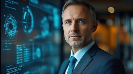 A confident businessman in a suit standing before a digital interface, conveying innovation and leadership in technology.
