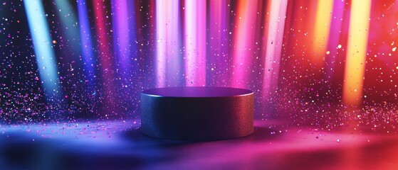 A large, colorful, and glittery stage with a black podium in the center