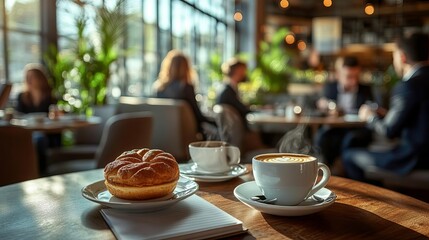 A cozy cafe scene featuring a cup of coffee and a pastry on a wooden table, with blurred people enjoying their time in the background.
