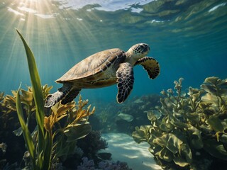 Watercolor depiction of a sea turtle swimming in a sunlit ocean, surrounded by aquatic plants.