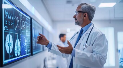 A doctor analyzes brain scans on a digital screen, showcasing advanced medical technology in a healthcare environment.
