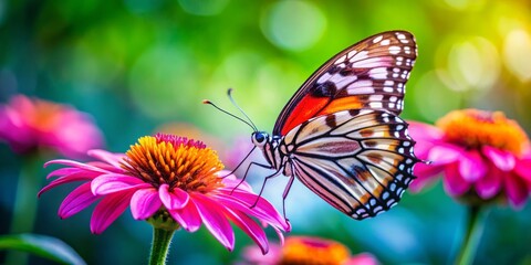 Obraz premium Closeup of a Butterfly on a Pink Flower, Natural Light, Vivid Colors, Detailed Wing Patterns, Summer Garden, Butterfly, Flower
