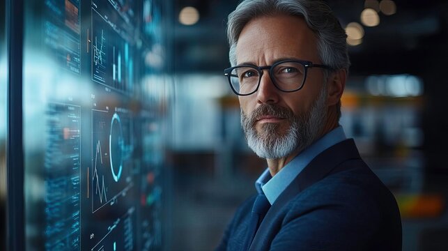 A focused professional analyzing data on a digital screen in a modern office environment, showcasing expertise and innovation.