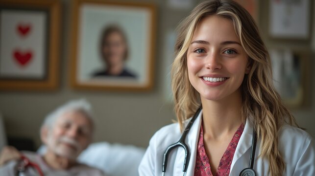 Geriatric nurse assisting daily care elderly patient in clinic supportive interaction professional care comfortable environment