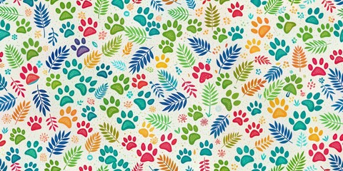 Colorful Paw Prints and Tropical Leaves Pattern, Digital Illustration, White Background, Paw prints, tropical leaves, pattern, digital art