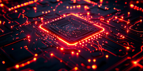 Obraz premium A glowing microprocessor surrounded by intricate circuitry on a dark circuit board, illuminated by red LED lights.
