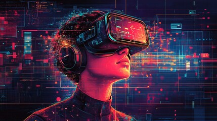 person wearing Digital Immersion Minimalist Virtual Reality Gaming Illustration with Futuristic Elements