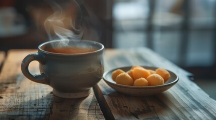 A cozy scene with a steaming cup of tea and a plate of sweet treats, perfect for a relaxing moment at home.